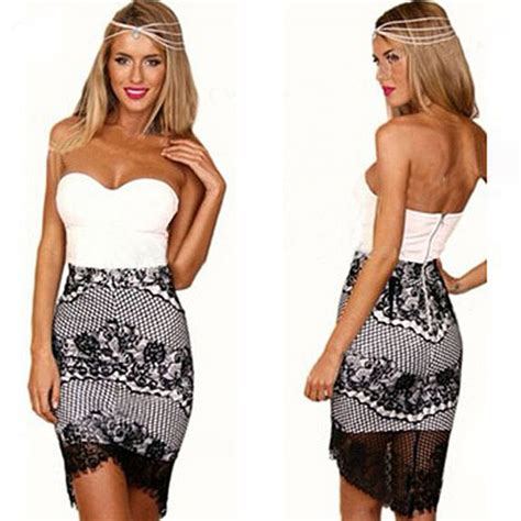 Sexy Strapless Hollow Out Lace Spliced Slim Fit Party Dress