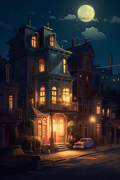 Premium AI Image | A house in the night with a car parked in front of it.