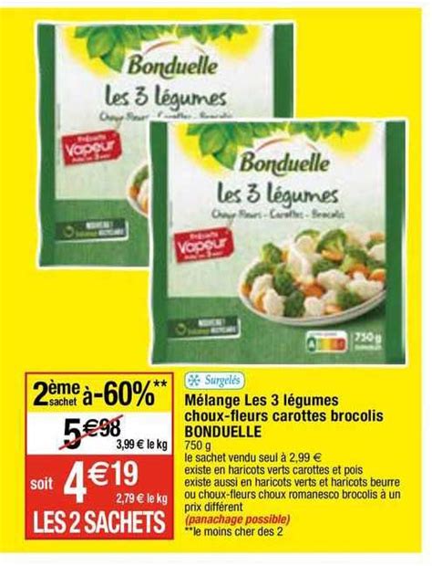 Promo Mélange Les 3 Légumes Choux fleurs Carottes Brocolis Bonduelle