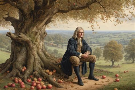 Isaac Newton The Famous Scientist Sit Under Apple Tree Stock