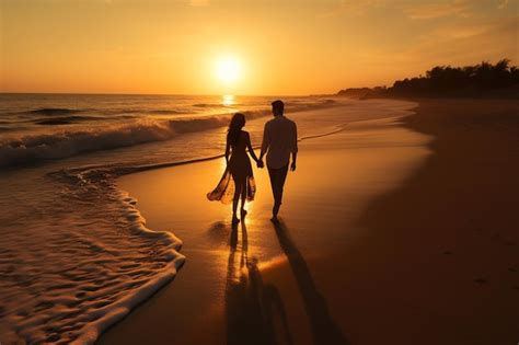 Premium Ai Image Couples Sunset Beach Stroll High Angle Perspective