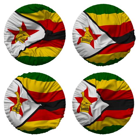 Zimbabwe Flag In Round Shape Isolated With Four Different Waving Style