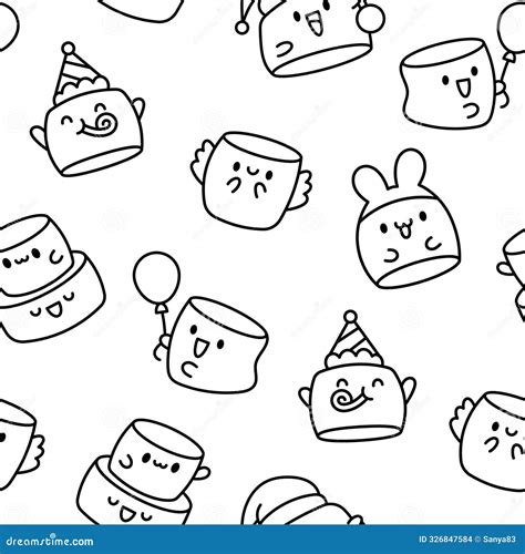 Kawaii Marshmallow Seamless Pattern Vector Illustration