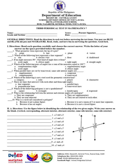 Q3 Math7 Exam Pdf Angle Elementary Mathematics