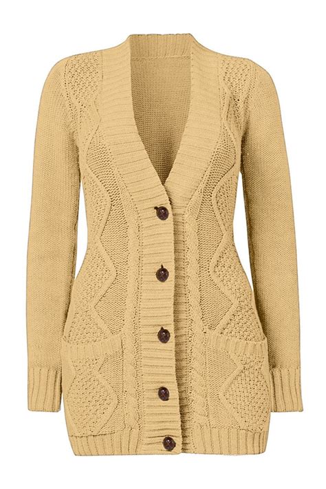 Hanna Women Front Button Down Long Sleeve Cardigan Sweater With Pockets Beige Amber Millet