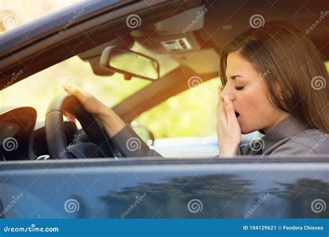 Sleepy Fatigued Yawning Young Woman Driving Her Car Stock Image Image