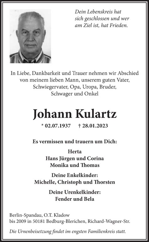 Traueranzeigen Von Johann Kulartz Wirtrauern