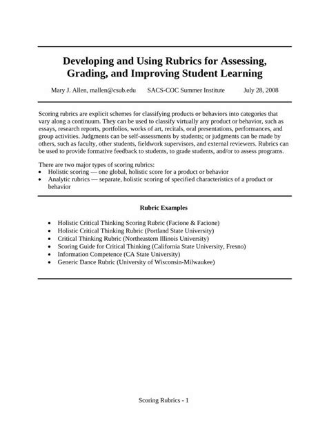 Pdf Developing And Applying Rubrics Duke University Critical Thinking Scoring Rubric Facione