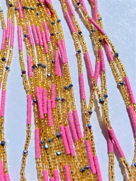 Waist Bead Gold And Pink Waistbeads Vinyl Mixed With Glass Seed Beads