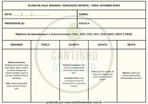 Planejamento Semanal Sobre O Tema Outubro Rosa Educação Infantil