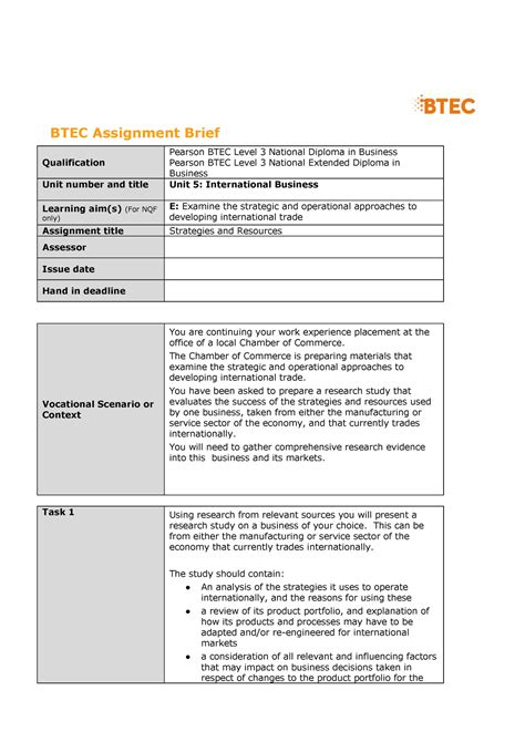 Authorised Assignment Brief For Learning Aim E Unit 5 International