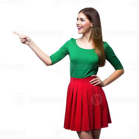 Happy Woman In Red Skirt And Green Top Pointing And Smiling 46464339 Png