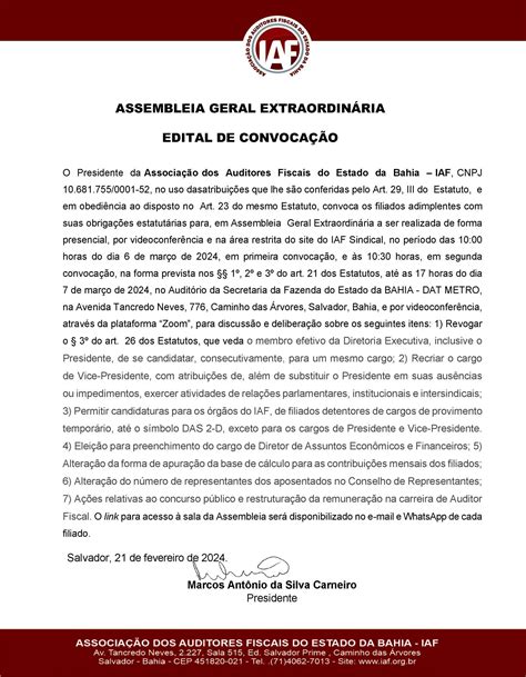 Auditores Fiscais Se Reunir O Em Assembleia Geral Em Mar O Iaf