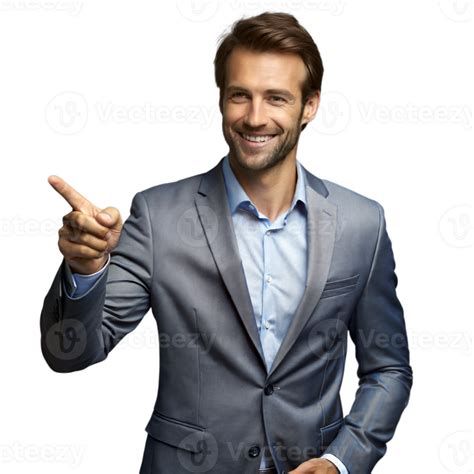 Confident Businessman In Suit Pointing And Smiling On Transparent