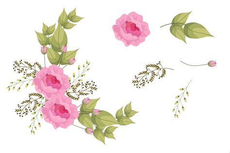 Set of pink flowers and green leaf clipart isolated 7984180 Vector Art ...