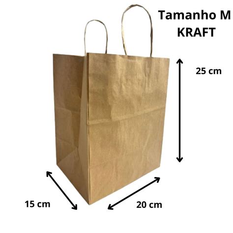 10 Sacolas de Papel Kraft 20 x 15 x 25 Alça Tamanho M LD