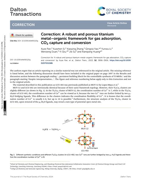 Pdf Correction A Robust And Porous Titanium Metal Organic Framework For Gas Adsorption Co2