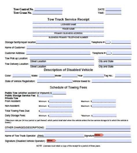 Free Printable Towing Receipts