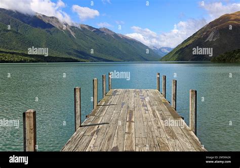 Wooden Pier On Rotoiti Nelson Lakes National Park New Zealand Stock