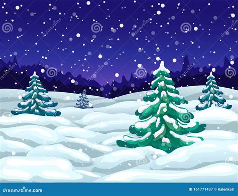 Vector Winter Wonderland Night Landscape With Snowfall And Snowy Fir