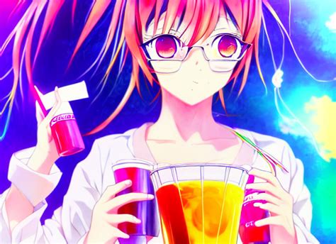 Krea Ai Anime Girl Drinks Energy Drink Colorful Tsuruta