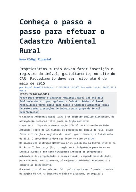 DOC Conheça o Passo a Passo Para Efetuar o Cadastro Ambiental Rural