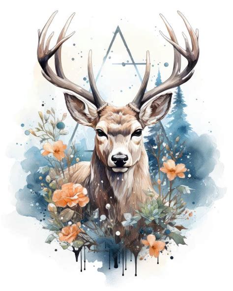 Premium AI Image | Deer Double exposure of a Deer and nature mountains trees in watercolor art