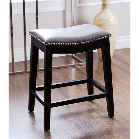 Abbyson Rivoli Grey Leather Nailhead Trim Counter Stool Footrest