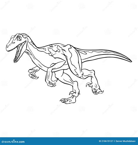 Velociraptor Dinosaur Cartoon Linear Sketch For Coloring Book Isolated