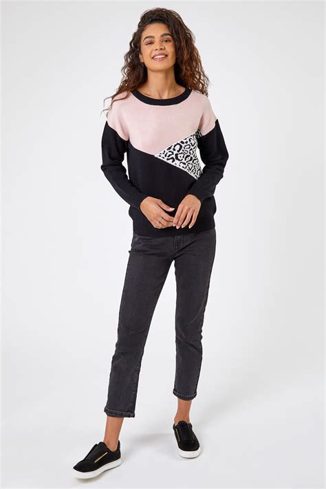 Colour Block Animal Print Jumper In Pink Roman Originals Uk