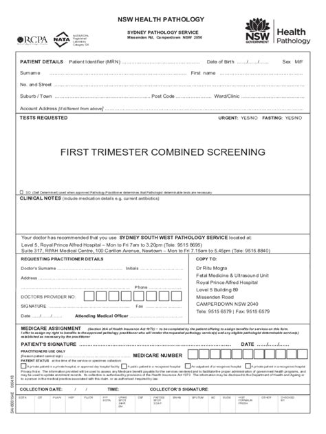 Fillable Online Rpa Pathology Form First Trimester Screening Pdf Fax