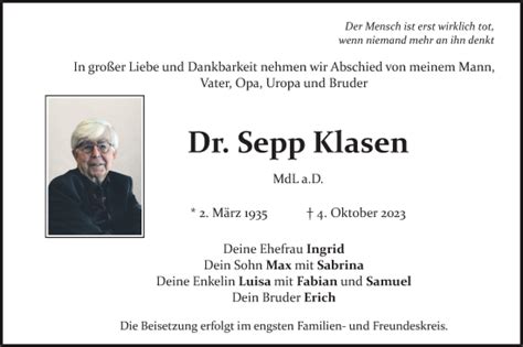 Traueranzeigen Von Sepp Klasen Trauer Merkur De