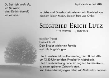 Traueranzeigen Von Siegfried Erich Lutz Schwarzw Lder Bote Trauer