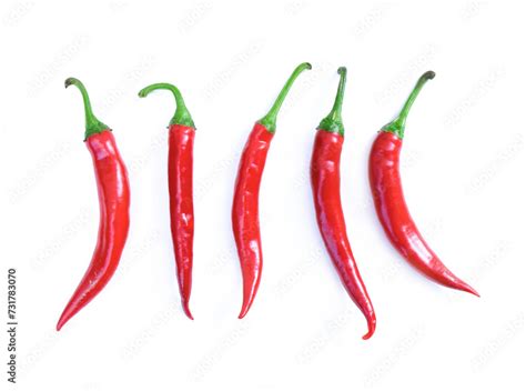 Chilli Red Peppers In Line Isolated On White Background Long Red Hot Peppers Aligned Cayenne