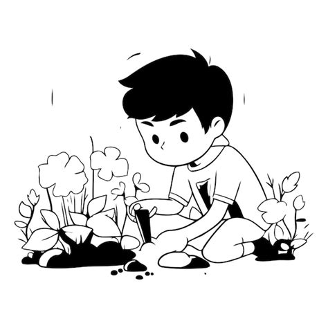 Niño plantando flores en el jardín al estilo de los dibujos animados