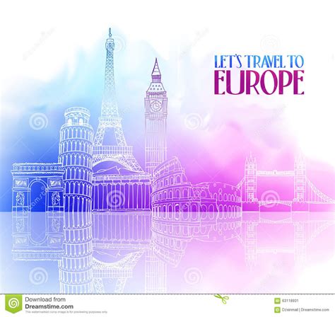 Travel Europe Hand Drawing with Famous Landmarks Stock Vector ...