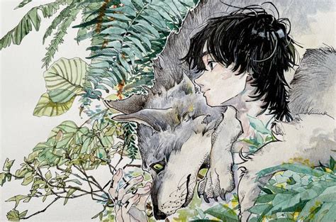 A Drawing Of A Boy Kissing A Wolf In Front Of Plants And Leaves On A