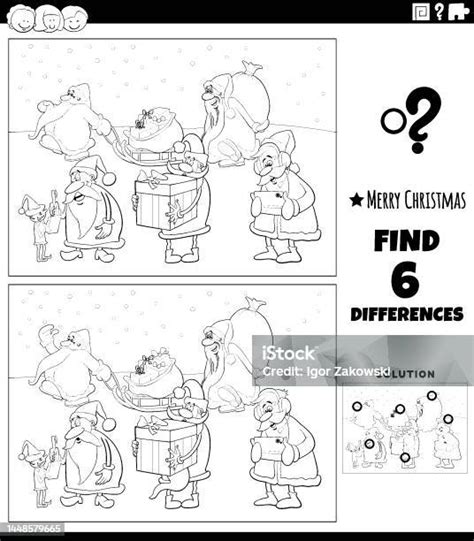 Differences Game With Santa Clauses Coloring Page向量圖形及更多享受圖片 享受 休閒遊戲