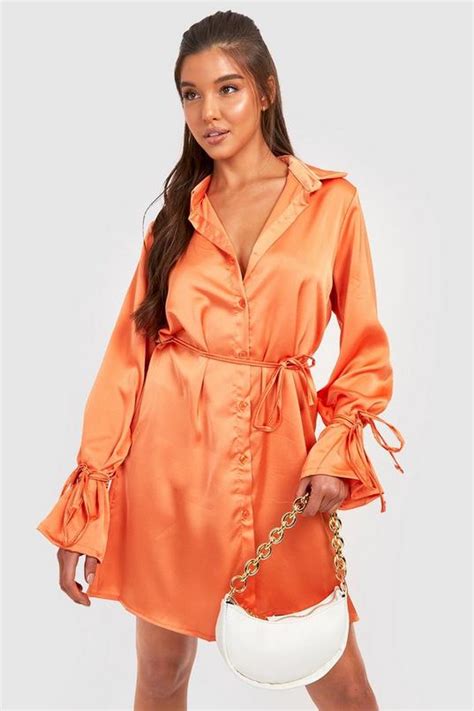 Womens Satin Tie Cuff And Waist Shirt Dress Boohoo Uk