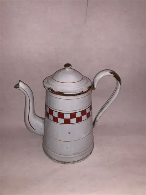 ANCIENNE CAFETIÈRE TOLE émaillée lustucru damier rouge et blanc Vintage