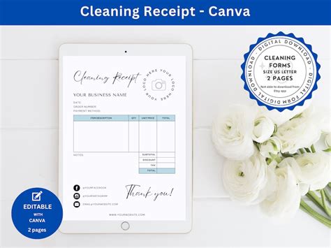 Editable Cleaning Receipt Template Printable House Cleaning Receipt