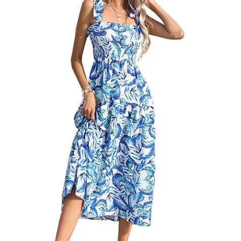 Casual Women Summer Midi Beach Dresses Sling One Line Collar Plants Flowers Sleeveless Dress