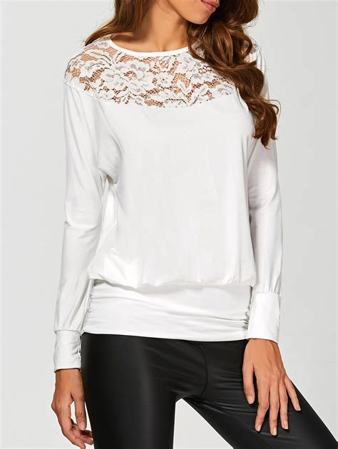 [41 Off] 2021 Long Sleeve Lace Insert T Shirt In White Dresslily