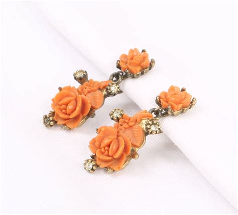 40s Coral Roses Earrings Molded Coral Celluloid Roses And Etsy Coral Roses Screw Back