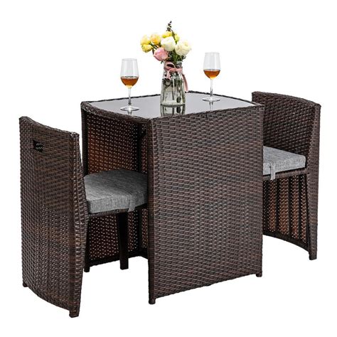 3PCS Wicker Bistro Set Patio Furniture Space Save Rattan Table Chair ...