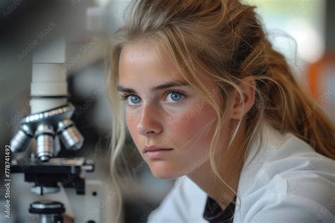 A Female Zoologist Peers Into A Microscope Her Eyes Focused Intently