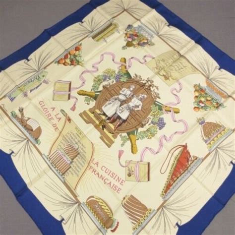 Hermes Carres90 Beige Navy Multi A La Gloire De Cuisine Francaise Scarf