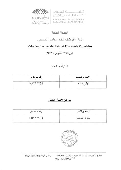 Résultat final du concours de recrutement dun Maître de Conférence