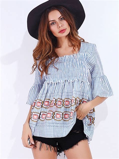 Tidebuy Offers High Quality Square Neck Pleated Stripe Blouse We