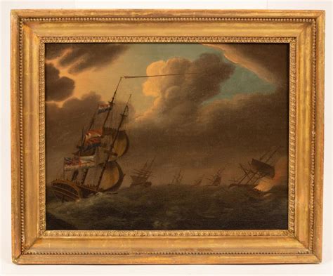 Fine 18th Century British Marine Oil Painting Naval Shipping In Stormy